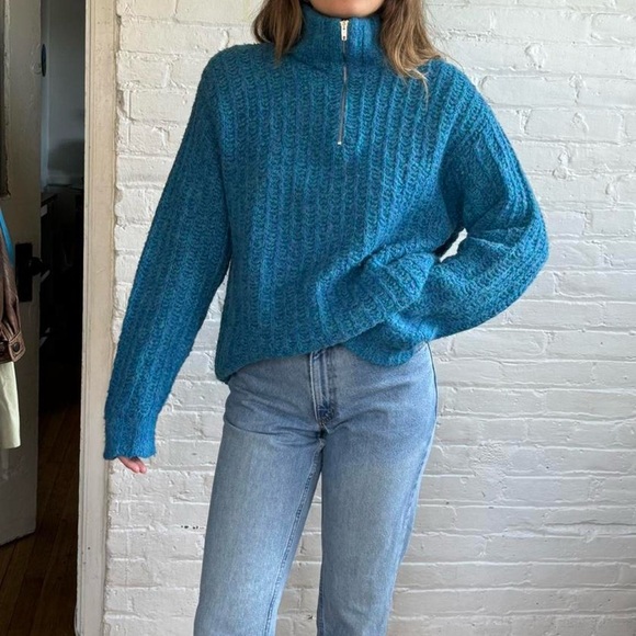 Vintage Made in Italy Blue Hand Knit Quarter Zip Sweater - Picture 3 of 8